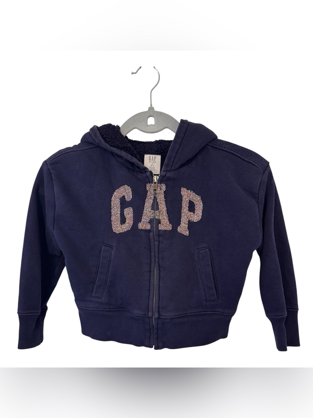 GAP Kids Girl Size 6/7 Navy Sherpa Lined Full Zip Hoodie Multicolor Glitter Logo